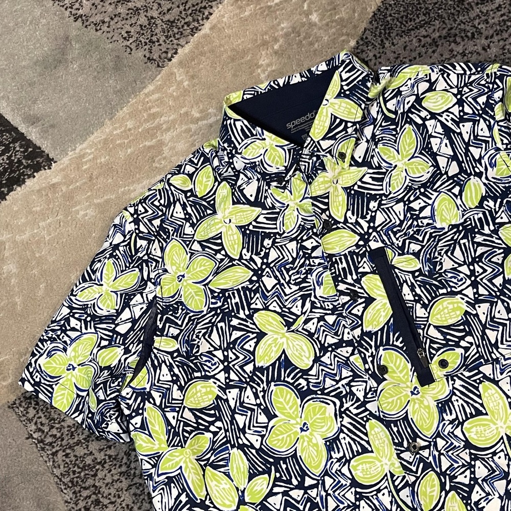 Speedo Hawaiian Performance Shirt Men 2XL Blue Green Floral Tropical Vented - Picture 2 of 9